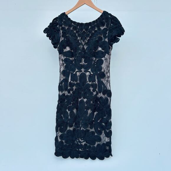 JS Collections Black Lace Cocktail Dress High Neck Short Sleeve Mini 4 Sheath - Picture 2 of 8
